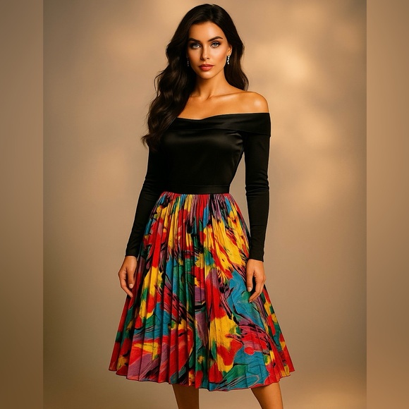 Dresses & Skirts - Multicolored Abstract High Waist A-Line Pleated Skirt - Size Small